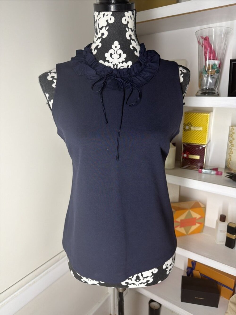 NWT J. Crew navy Sleeveless ruffle tank ruffled neckline with bow Stretchy S